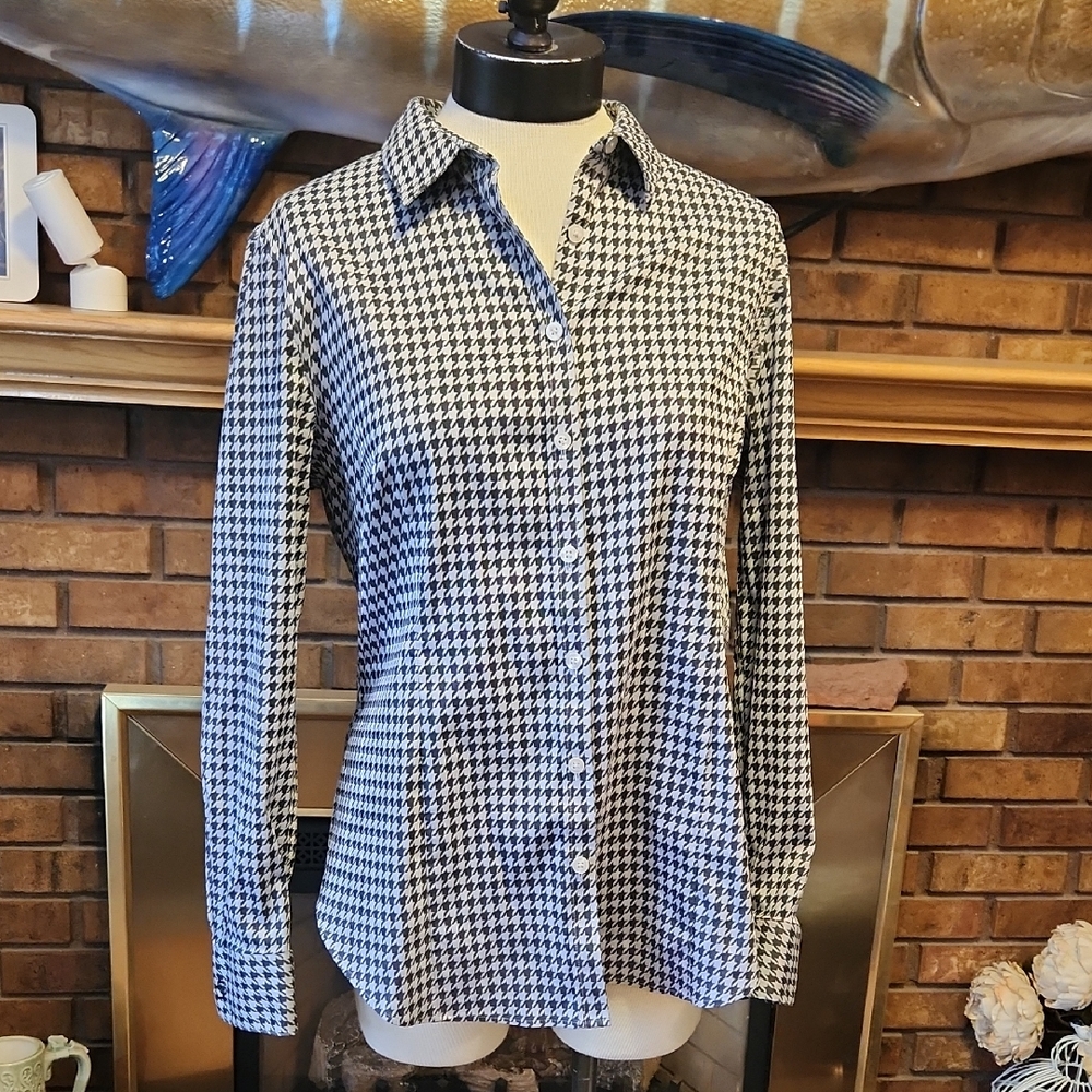 Chicos Womens Houndstooth Pattern Blouse Workwear Business Size 2 (Chicos Sizing